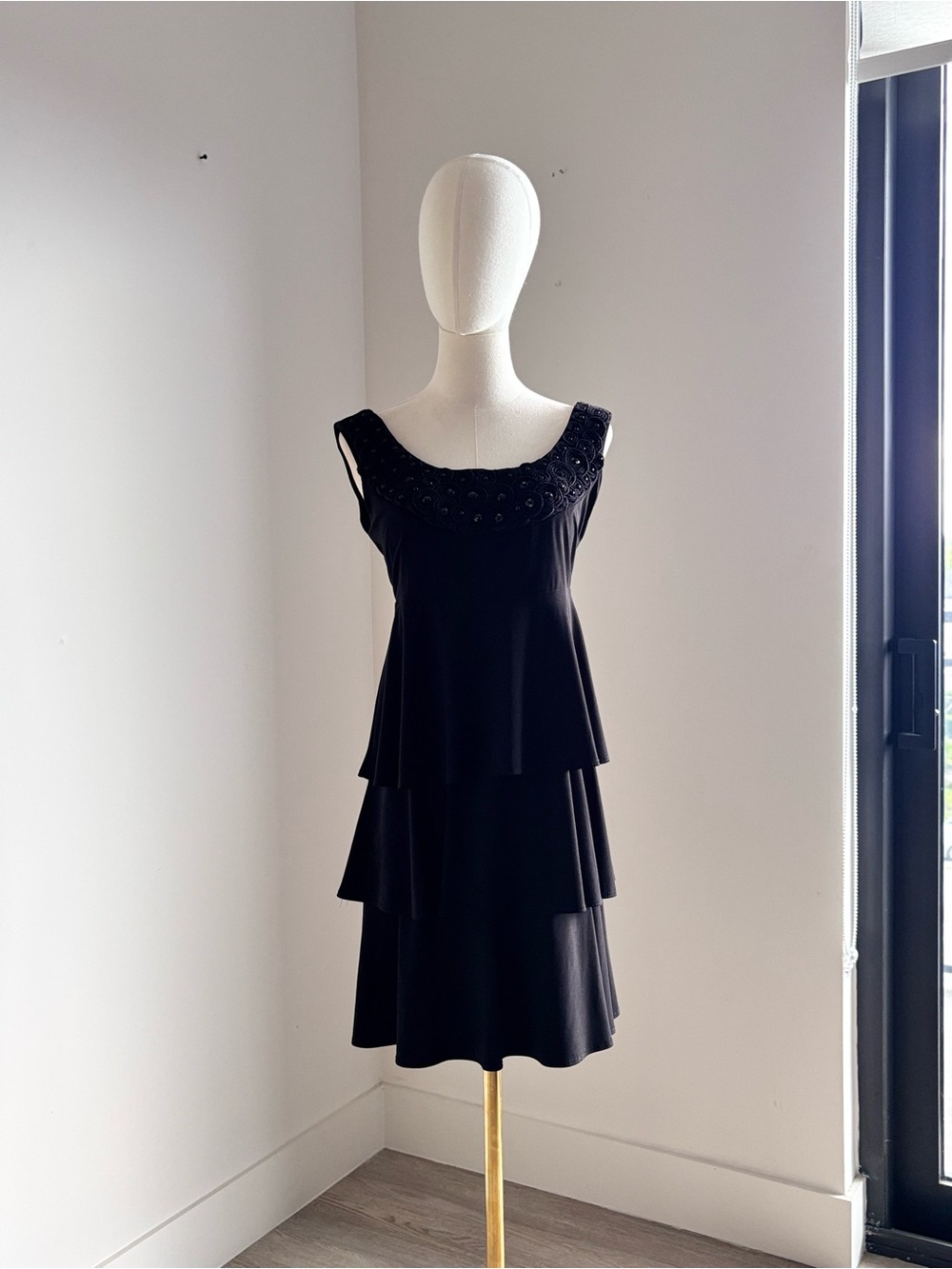 Tiana B Black Tiered Rosette Beaded Neck LBD Dress S